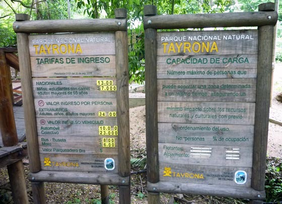 Information board at the entrance to Parque Tayrona
